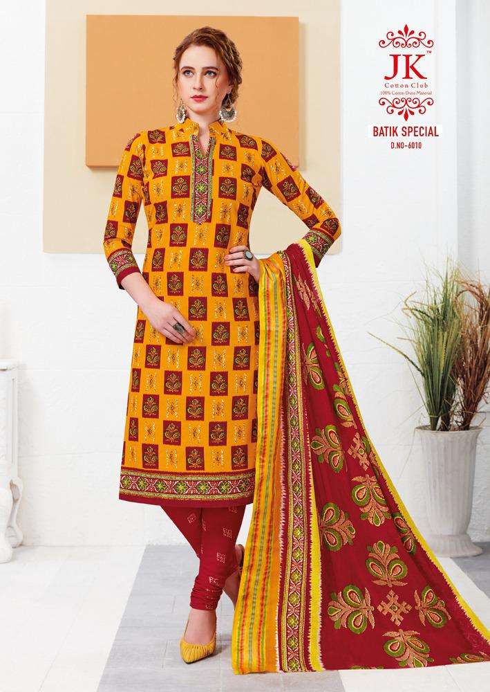 BATIK SPECIAL VOL-6 BY JK COTTON CLUB 6001 TO 6010 SERIES DESIGNER PATIYALA SUITS BEAUTIFUL FANCY COLORFUL STYLISH PARTY WEAR & ETHNIC WEAR COTTON PRINTED DRESSES AT WHOLESALE PRICE